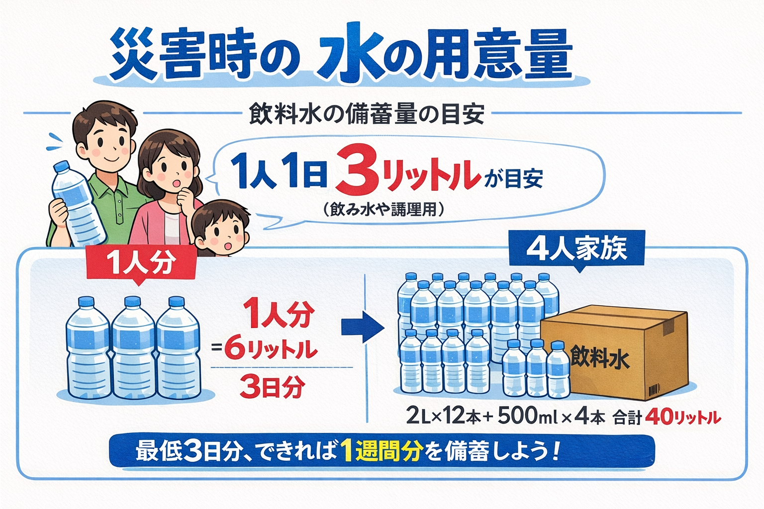 災害時の水の用意量：1人1日3Lが目安
