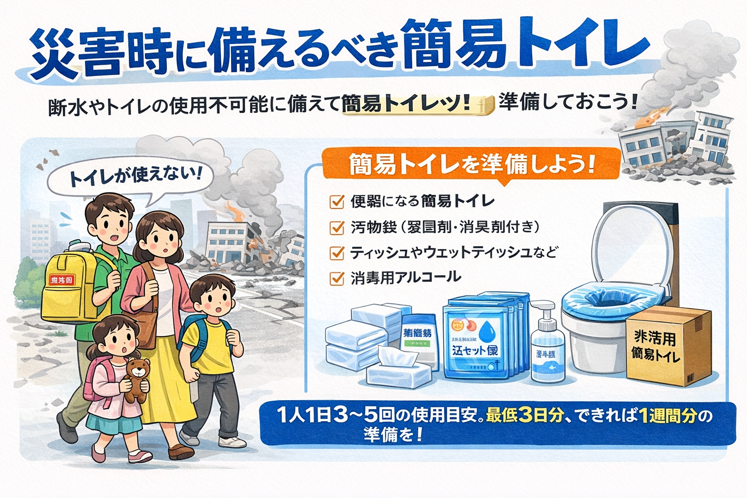 災害時に備えるべき簡易トイレ：最低3日分の準備