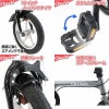 自転車の主要な部品を示す4分割画像。左上：12インチノーパンクタイヤ（悪路に強くエアメンテ不要）。右上：折りたたみペダル。左下：前輪ブレーキの拡大図。右下：GRAPHISのロゴが入った強度の強いスチールフレーム。