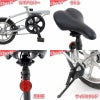 自転車の主要な部品の機能を強調した4分割画像。左上：チェーンを保護するWギアカバー。右上：クッション性のある黒いサドル。左下：サドルの下部に取り付けられた赤い反射板。右下：駐輪時に便利なサイドスタンド。