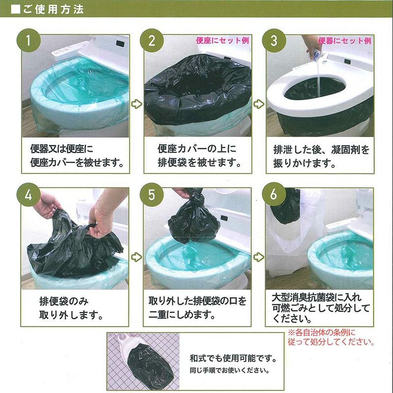 ご使用方法(便器カバーつける→排泄袋つける→排泄後凝固剤かける→排便袋のみ外し燃えるごみに捨てる)
