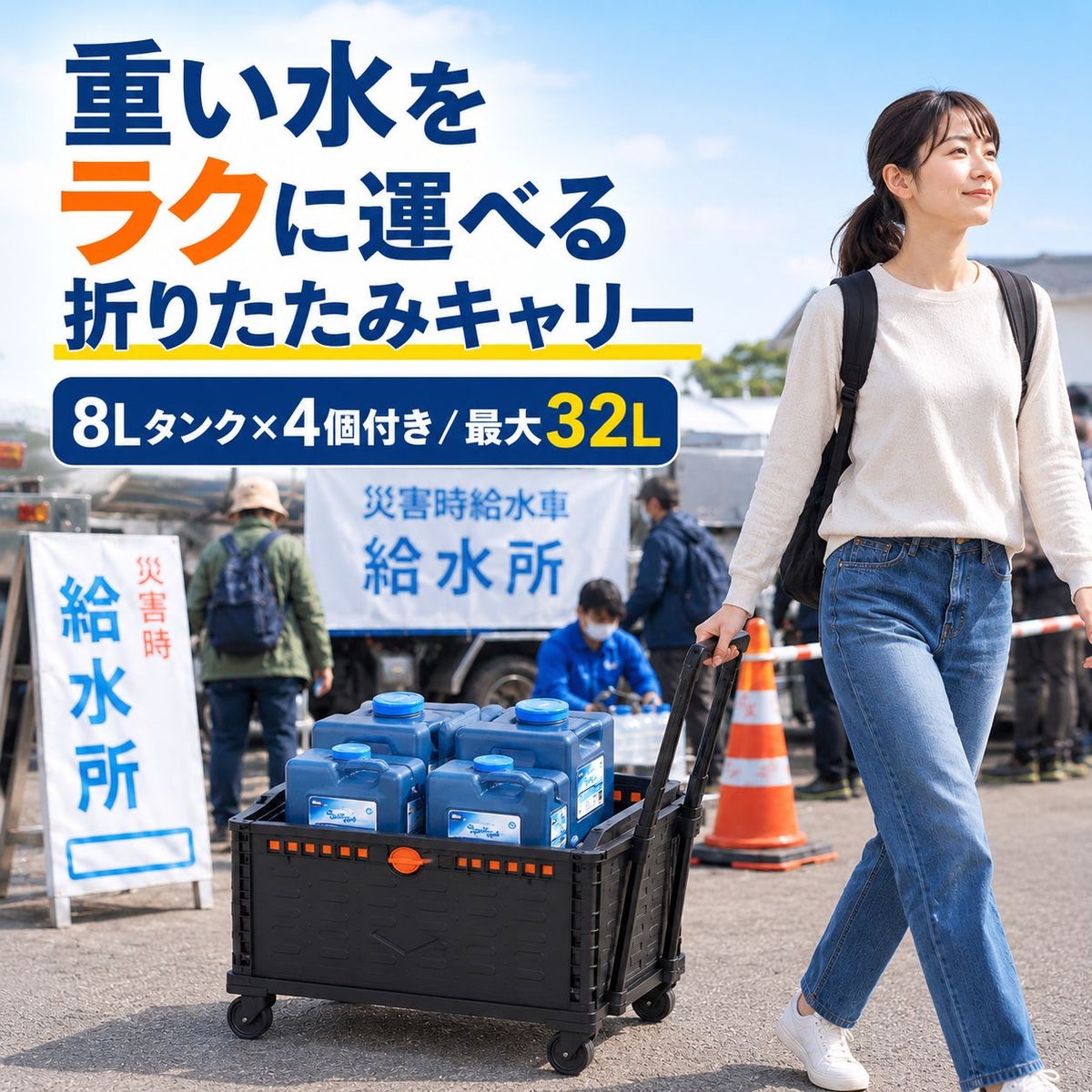 女性が給水所からウォータータンクカートを引いている様子