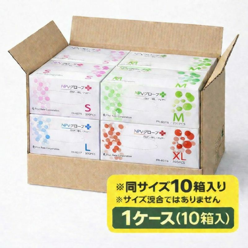 NPVグローブPLUS（パウダーなし・クリア）S・M・L・XLサイズ1ケース パッケージ画像